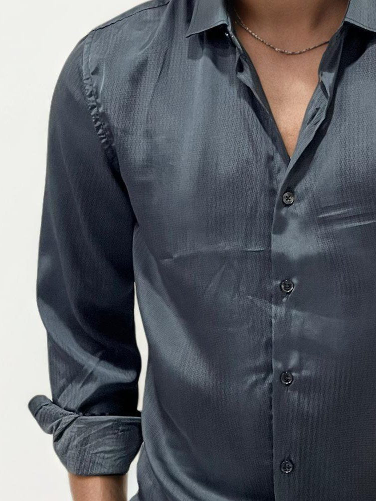 Black Satin Slim Fit Printed Shirt