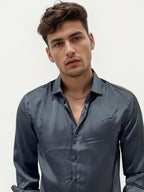 Black Satin Slim Fit Printed Shirt
