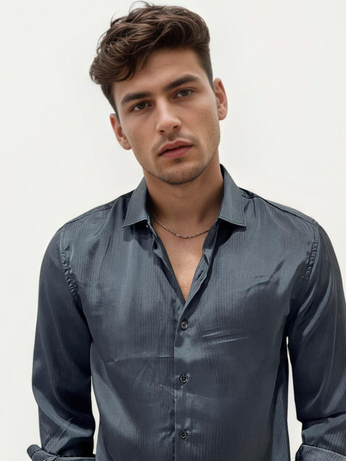 Black Satin Slim Fit Printed Shirt