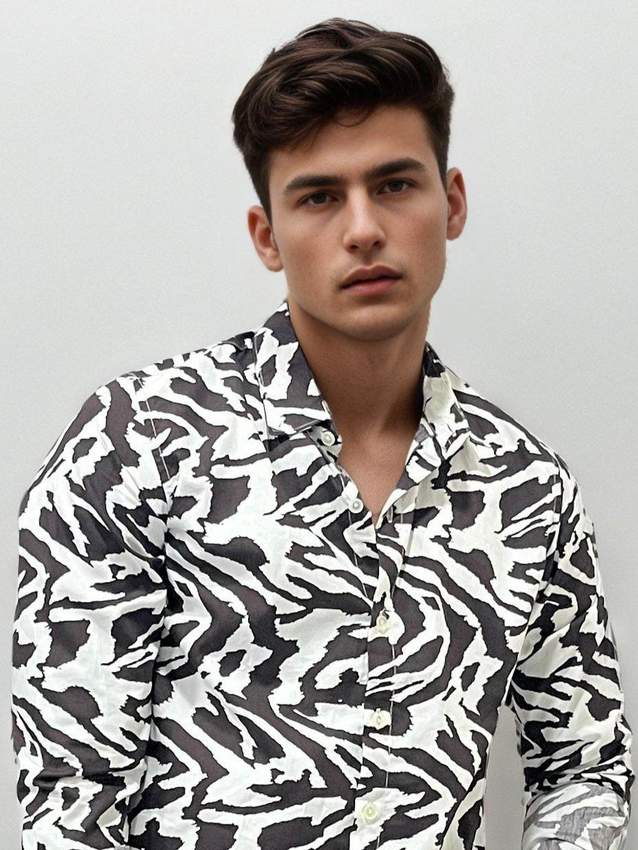 Black & White Printed Slim Fit Shirt