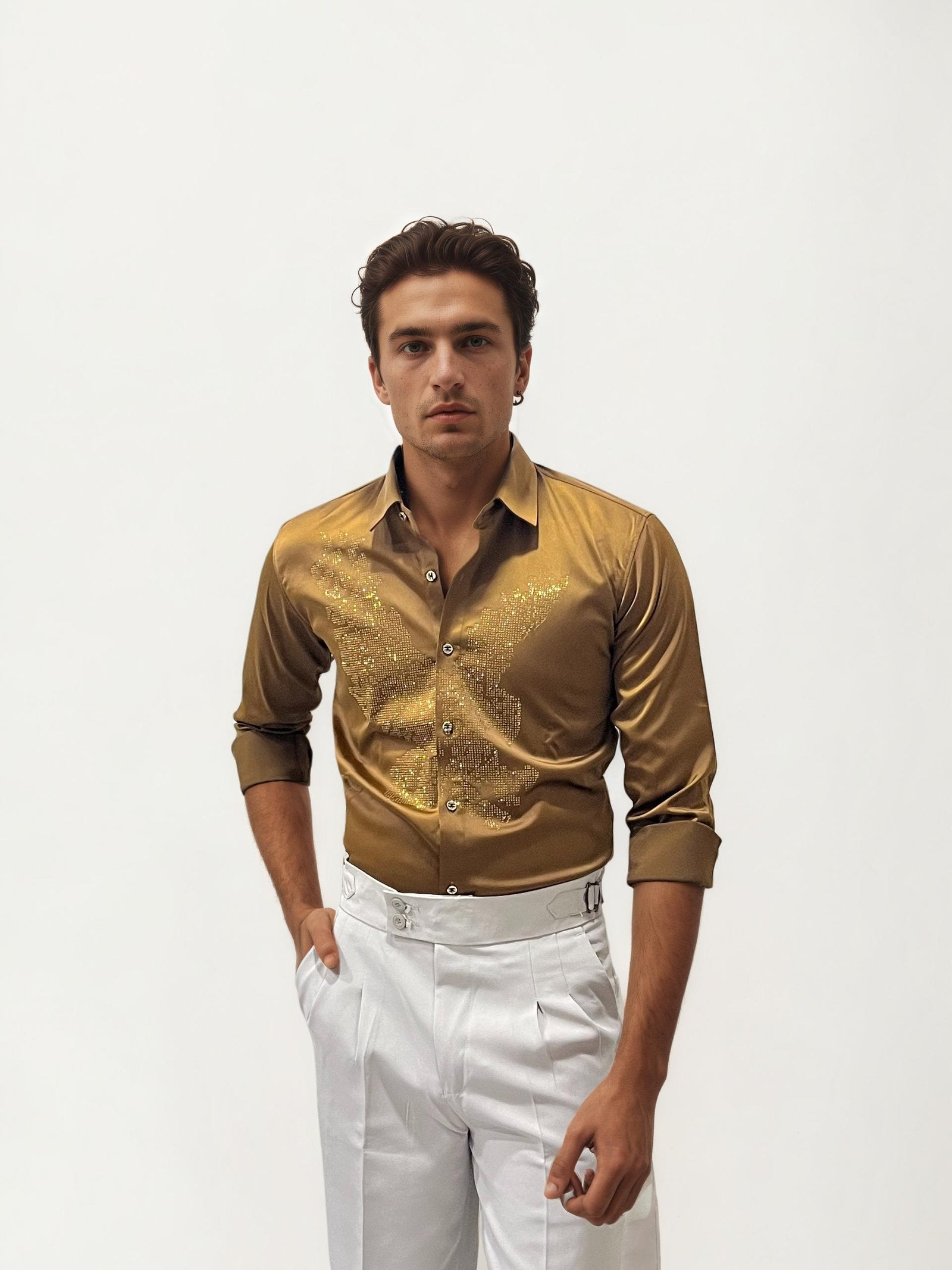 Yellow Eagle Stone Work Party Wear Shirt