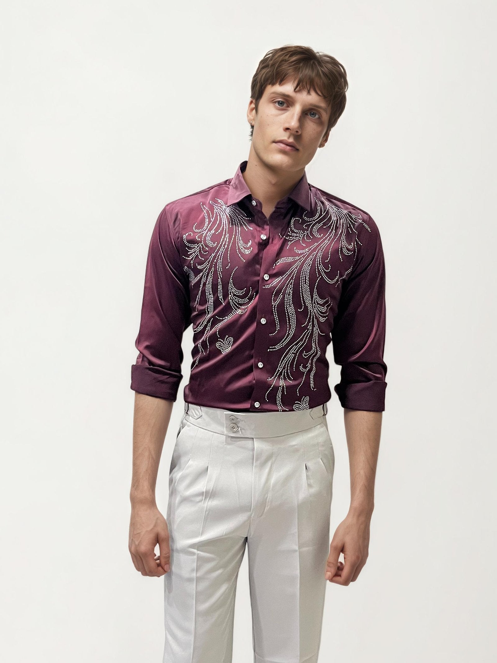 Wine Stone Work Fullhand Party Wear Shirt