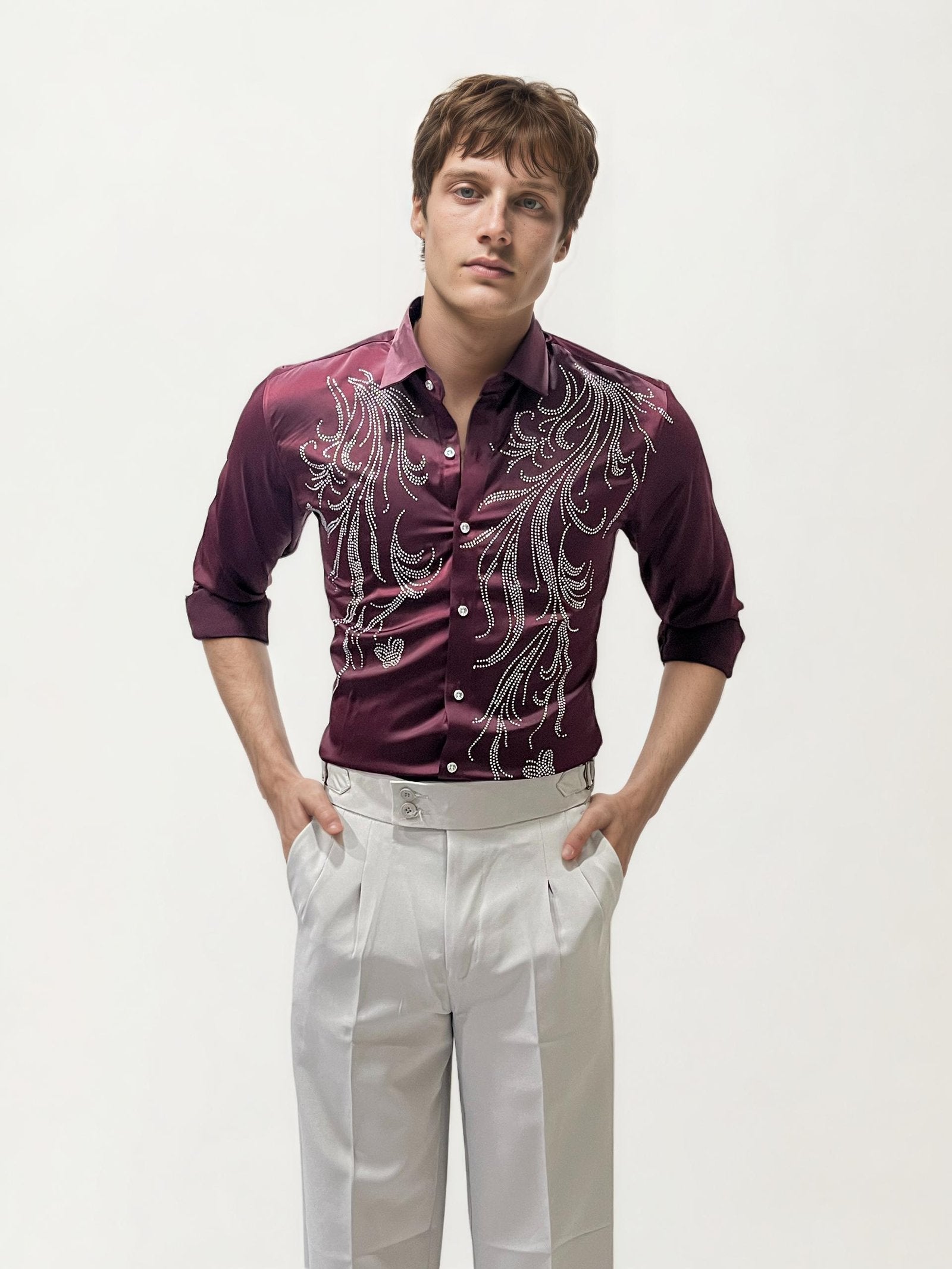 Wine Stone Work Fullhand Party Wear Shirt