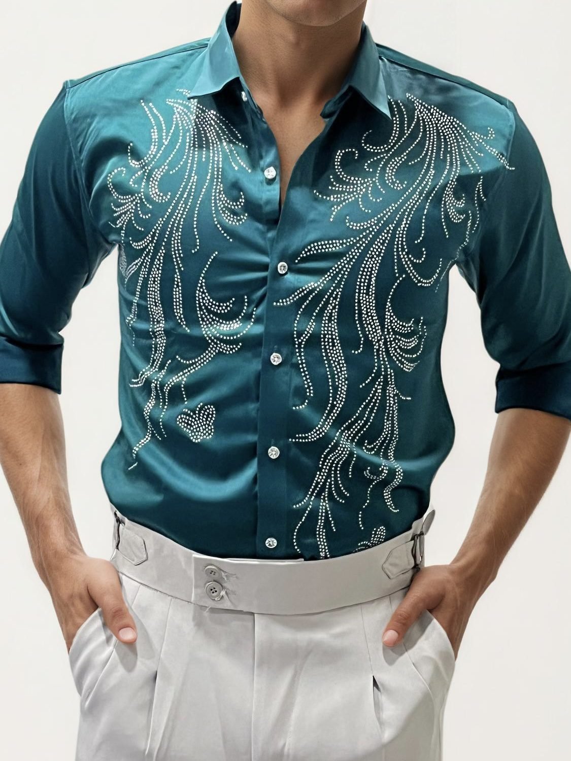 Teal Green Stone Work Party Wear Shirt