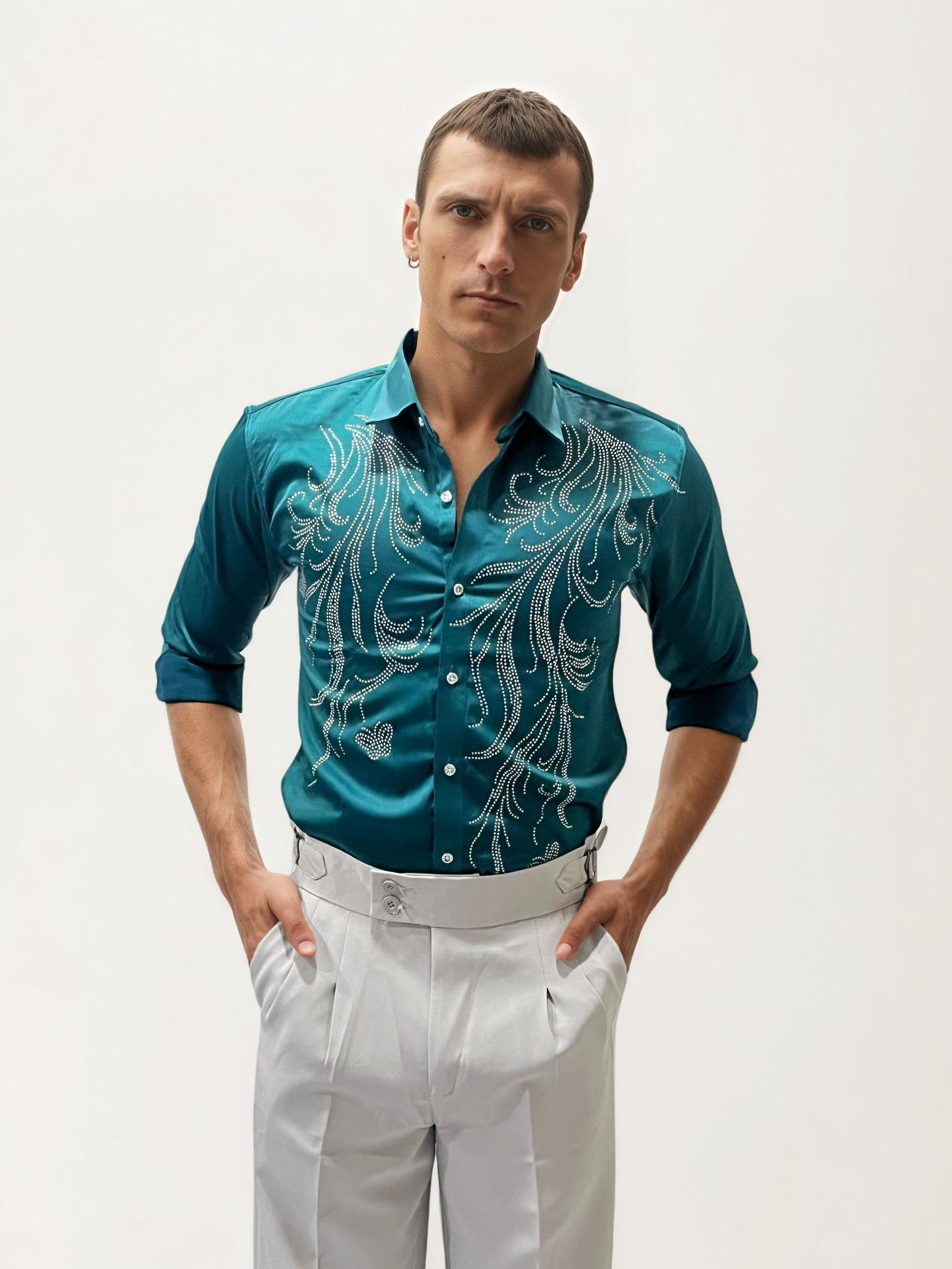 Teal Green Stone Work Party Wear Shirt