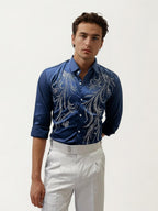 Dark-Blue Stone Work Fullhand Party Wear Shirt