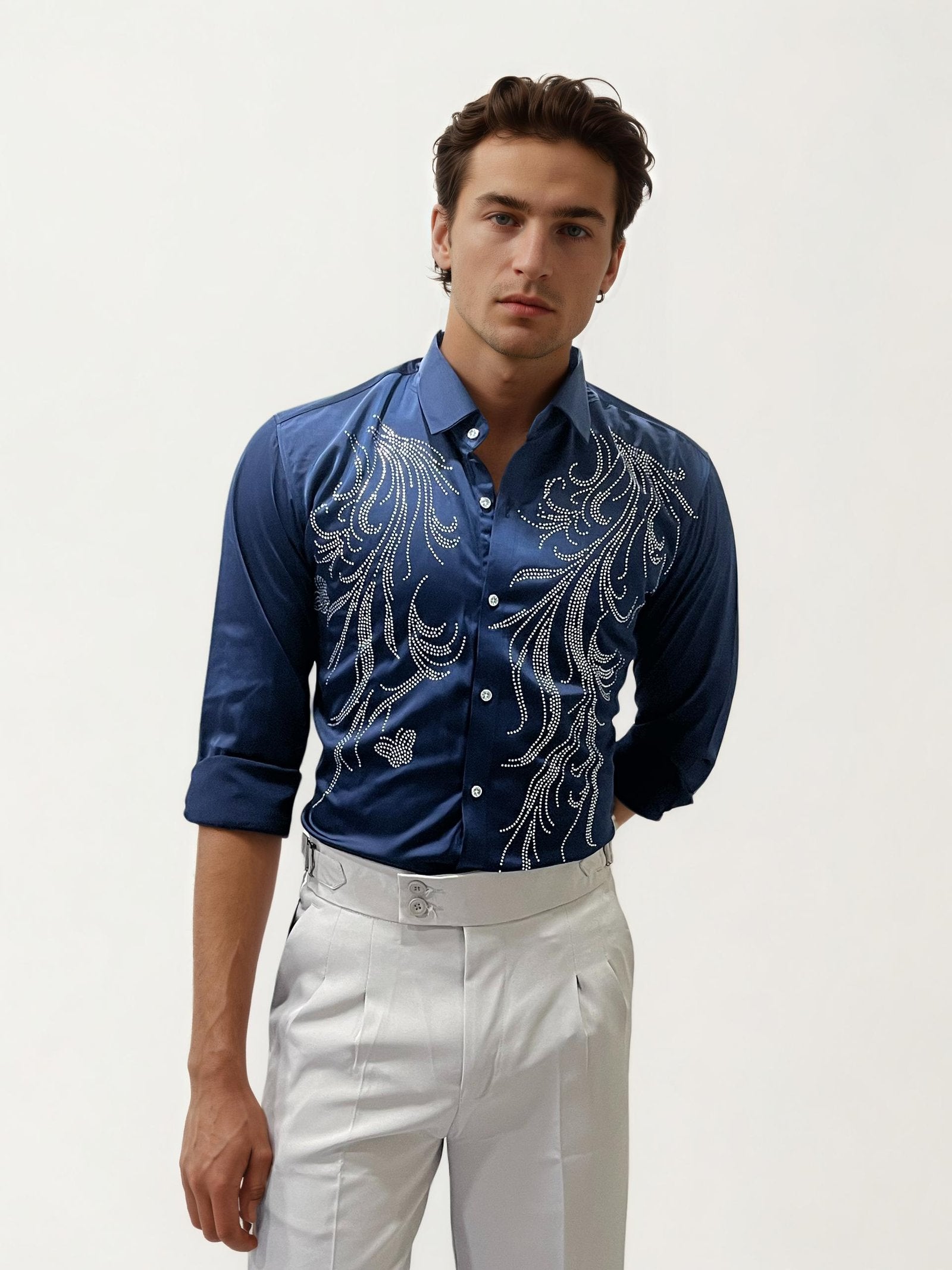 Dark-Blue Stone Work Fullhand Party Wear Shirt