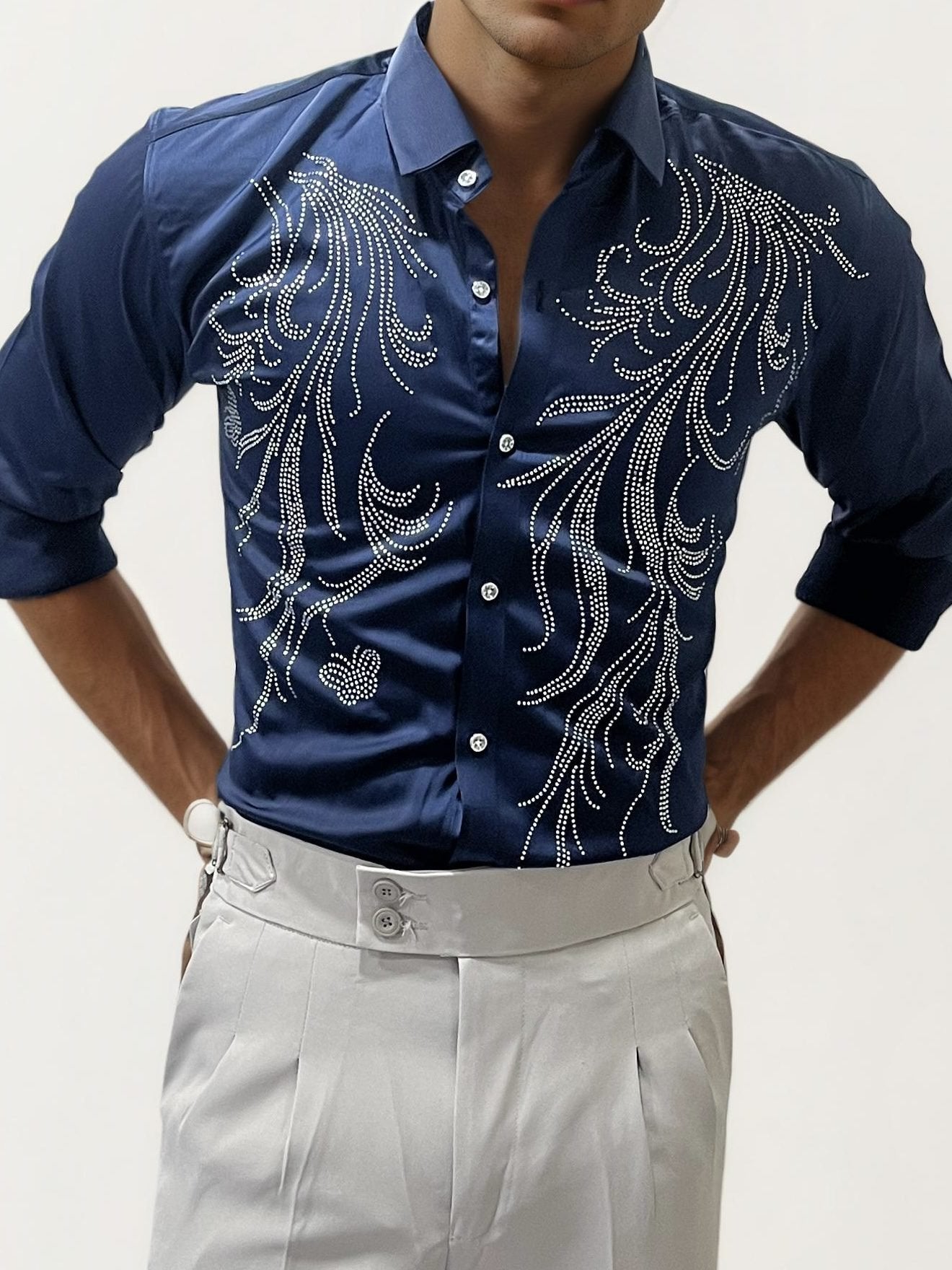 Dark-Blue Stone Work Fullhand Party Wear Shirt