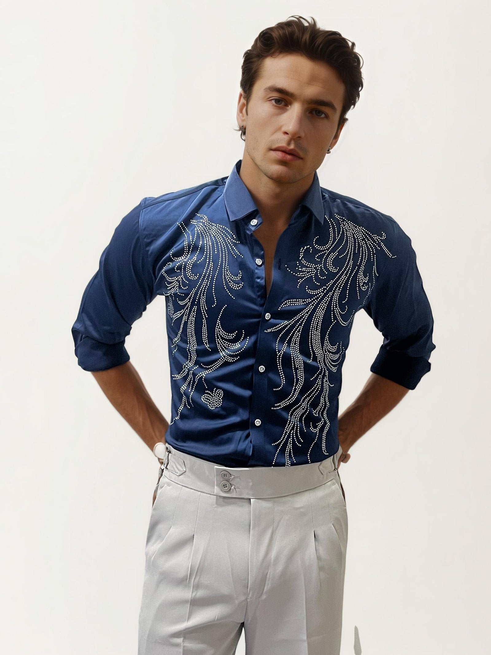 Dark-Blue Stone Work Fullhand Party Wear Shirt