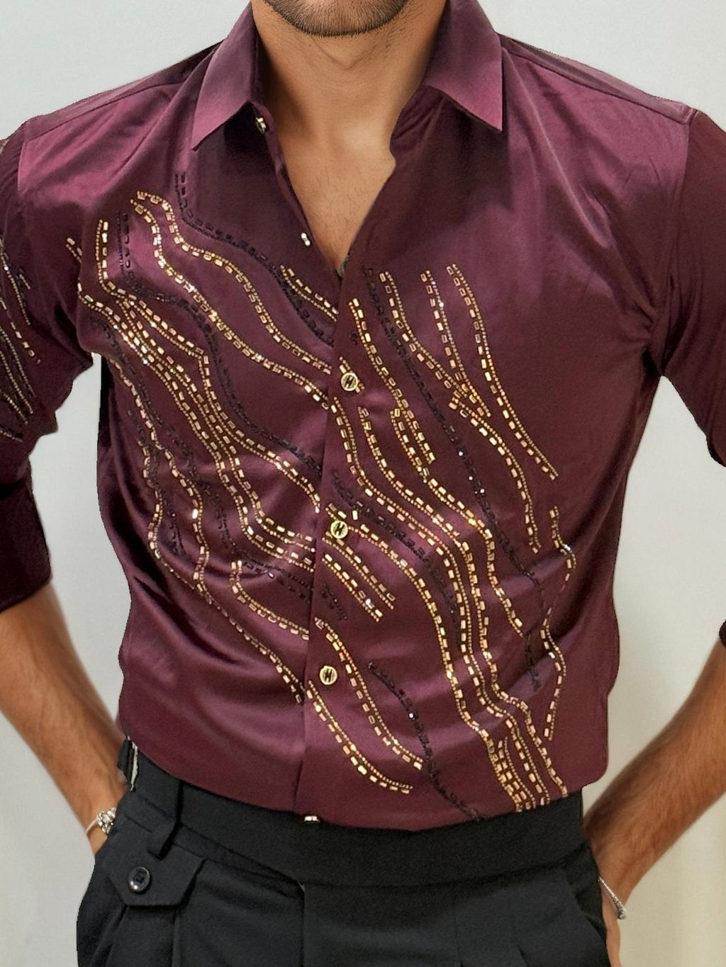 Wine Stone Work Party Wear Shirt