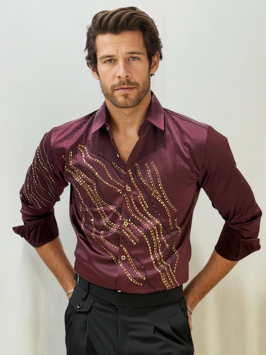 Wine Stone Work Party Wear Shirt