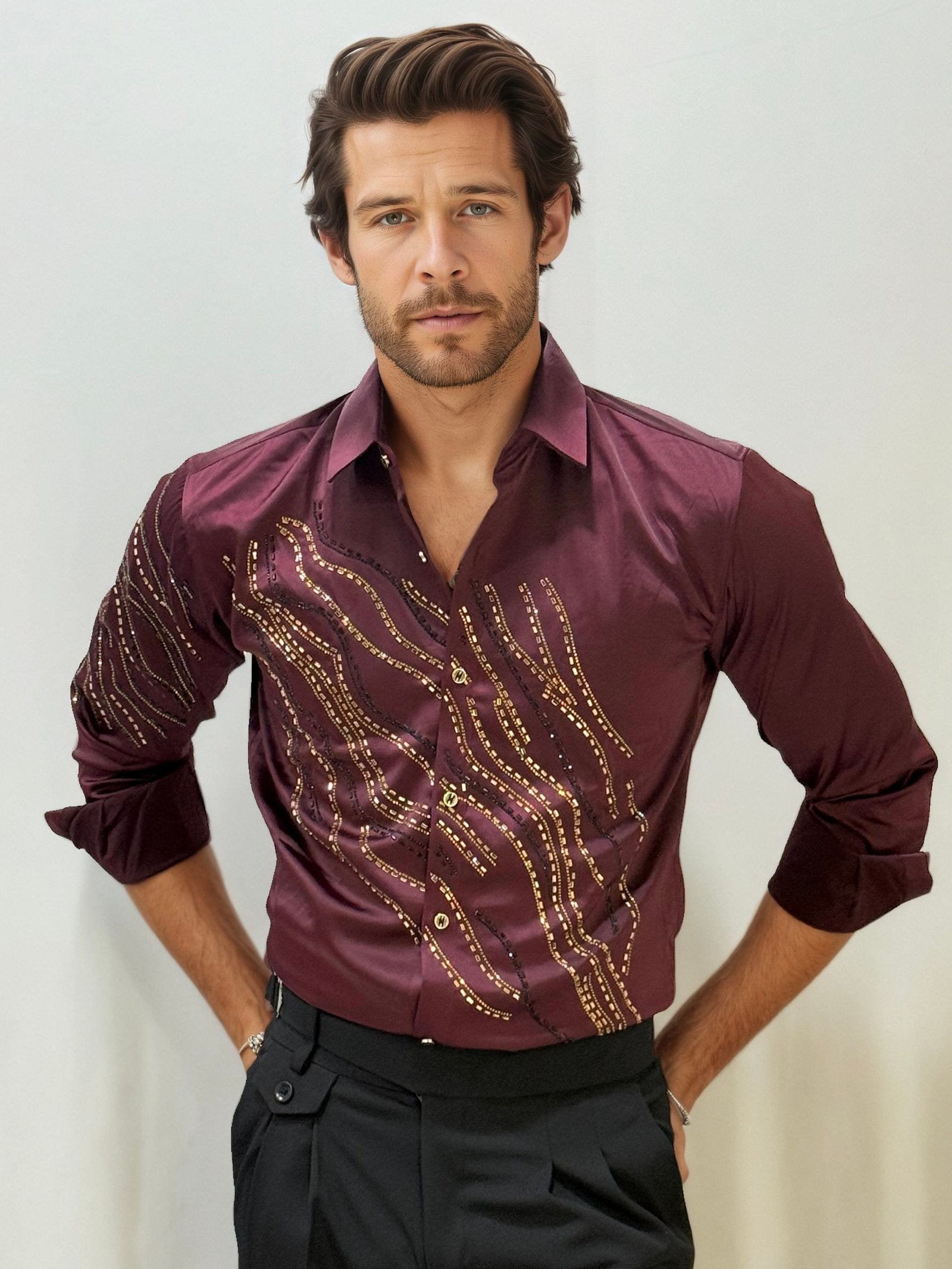 Wine Stone Work Party Wear Shirt