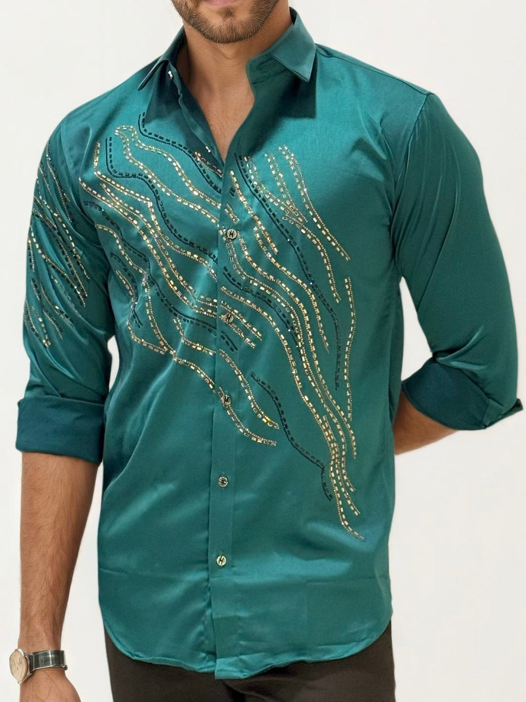 Green Stone Work Party Wear Shirt