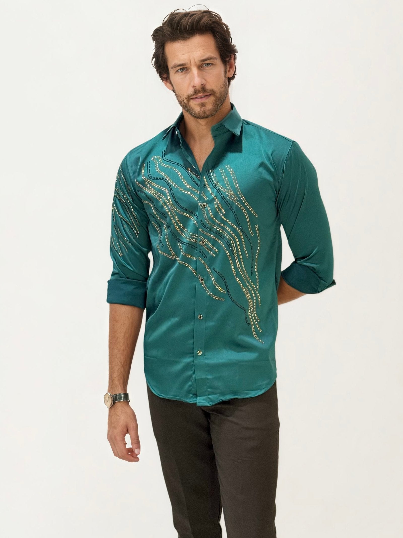 Green Stone Work Party Wear Shirt