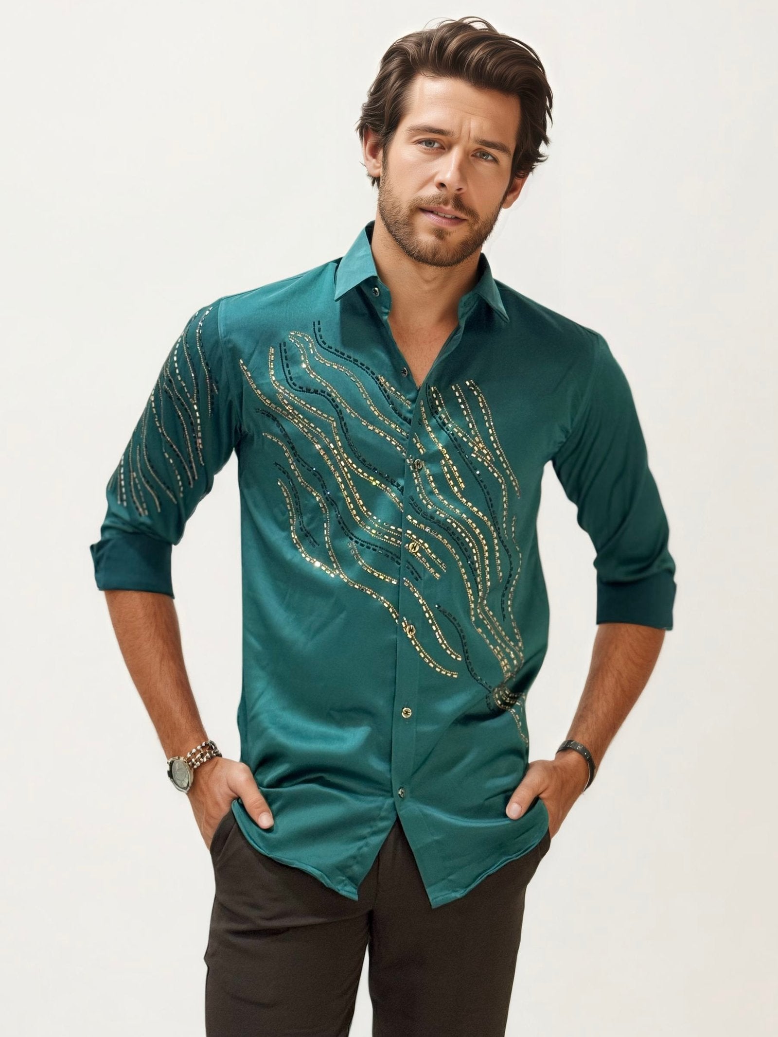 Green Stone Work Party Wear Shirt