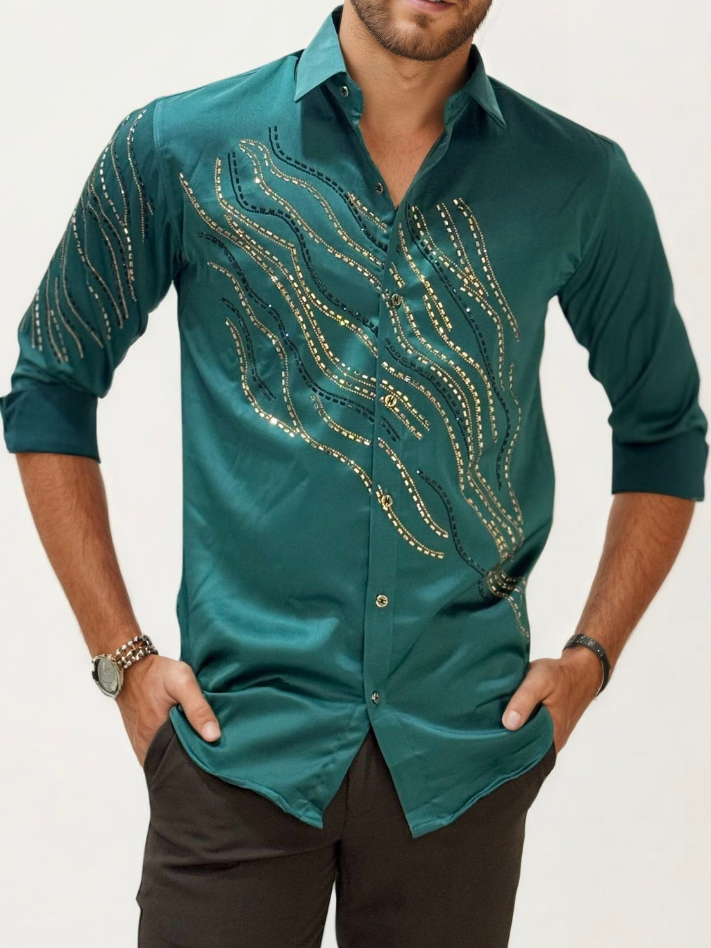 Green Stone Work Party Wear Shirt