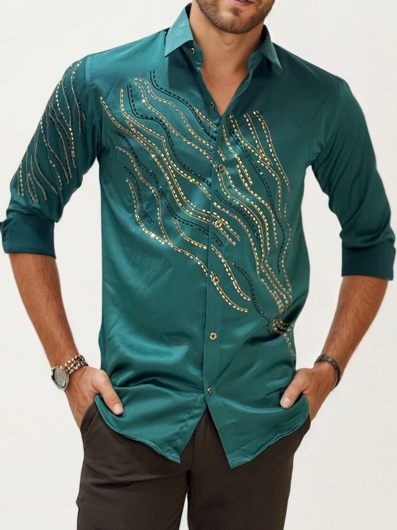 Green Stone Work Party Wear Shirt
