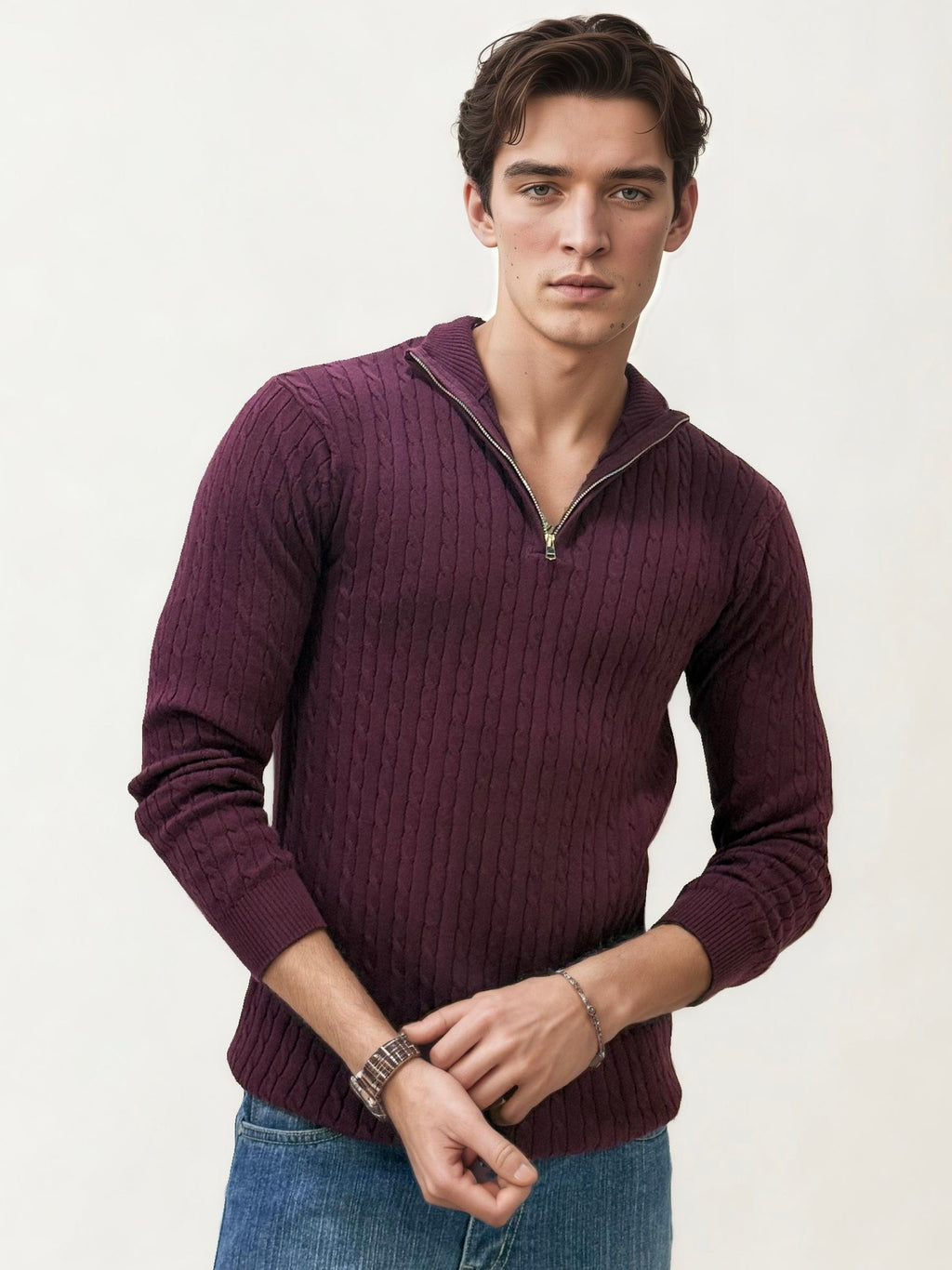 Wine Turtle Neck Fullhand Zipper T-Shirt