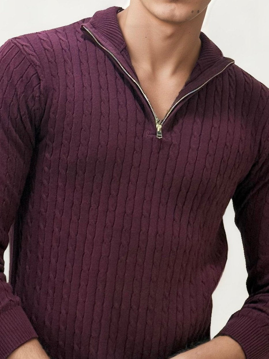 Wine Turtle Neck Fullhand Zipper T-Shirt