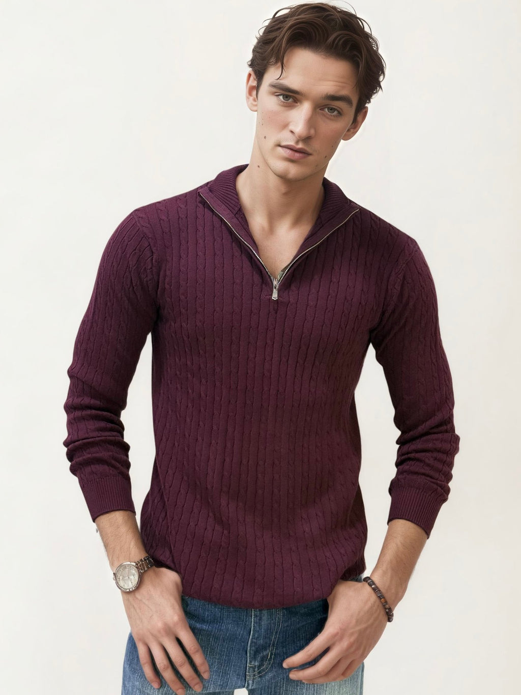 Wine Turtle Neck Fullhand Zipper T-Shirt