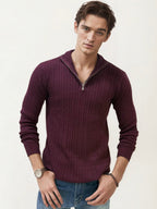 Wine Turtle Neck Fullhand Zipper T-Shirt