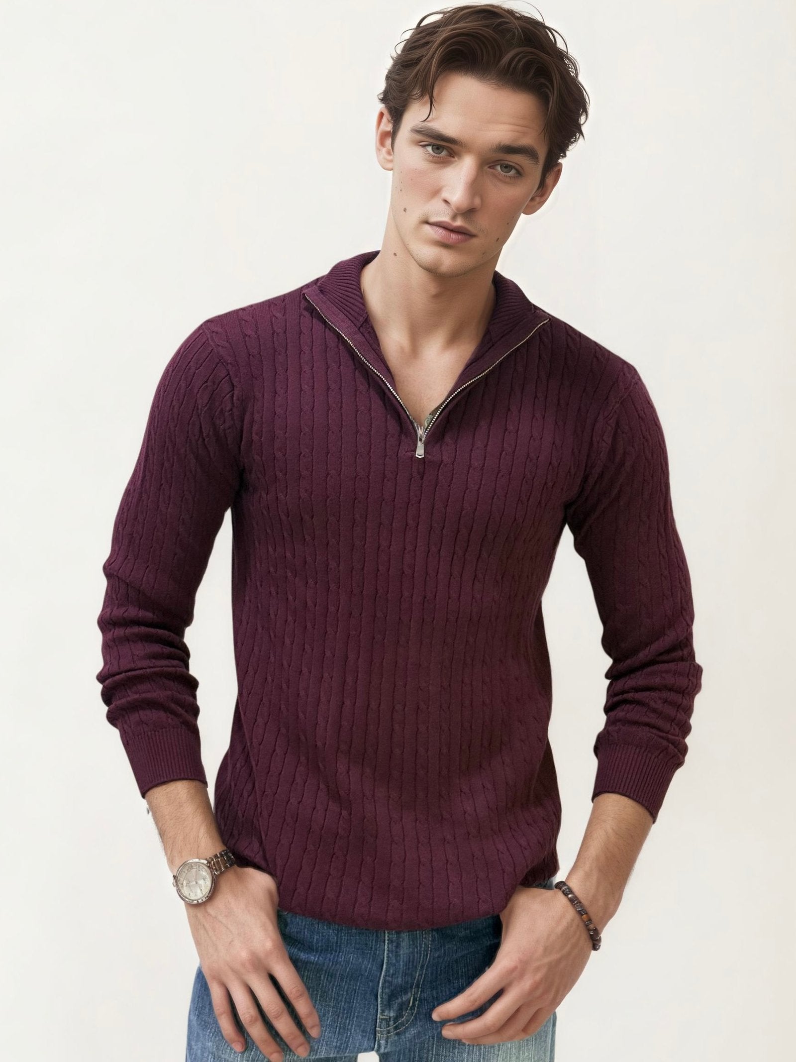 Wine Turtle Neck Fullhand Zipper T-Shirt