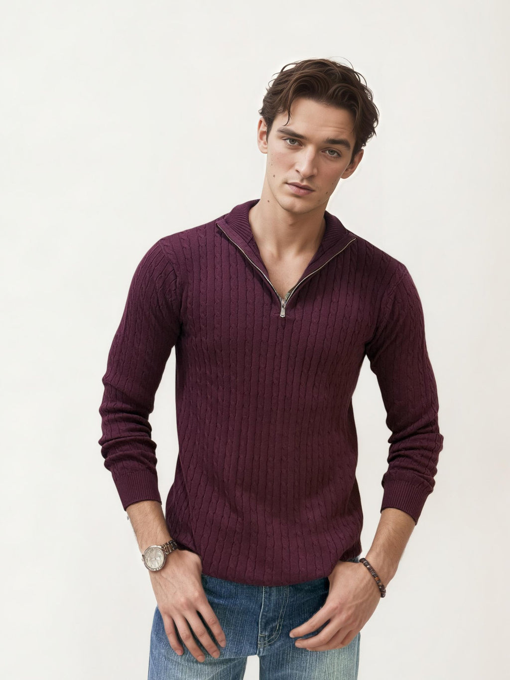Wine Turtle Neck Fullhand Zipper T-Shirt