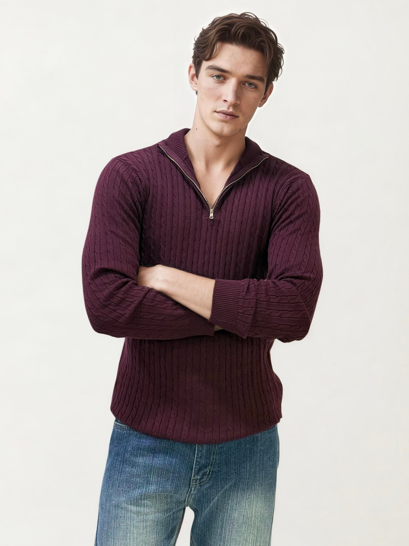 Wine Turtle Neck Fullhand Zipper T-Shirt