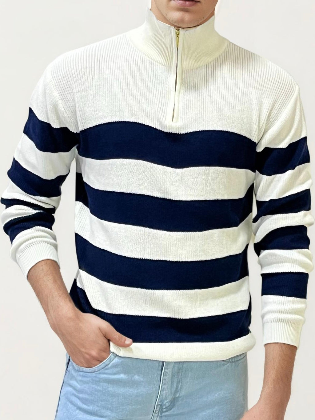 White-Blue Turtle Neck Fullhand Zipper T-Shirt