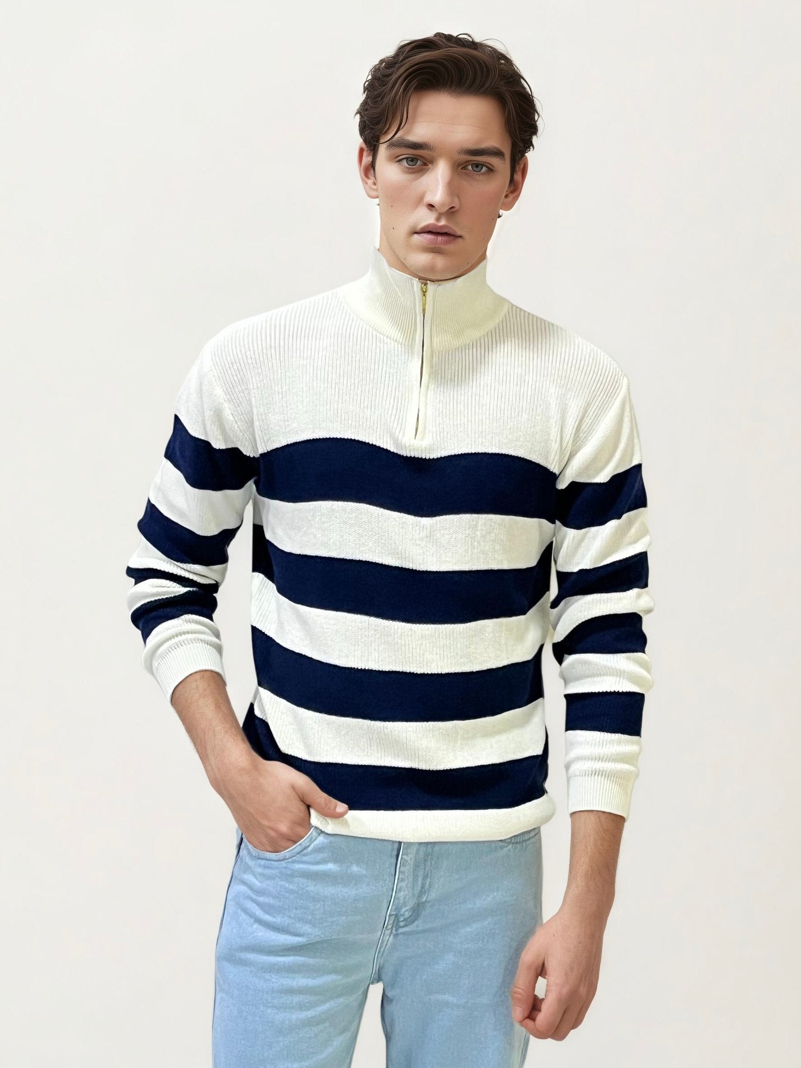White-Blue Turtle Neck Fullhand Zipper T-Shirt