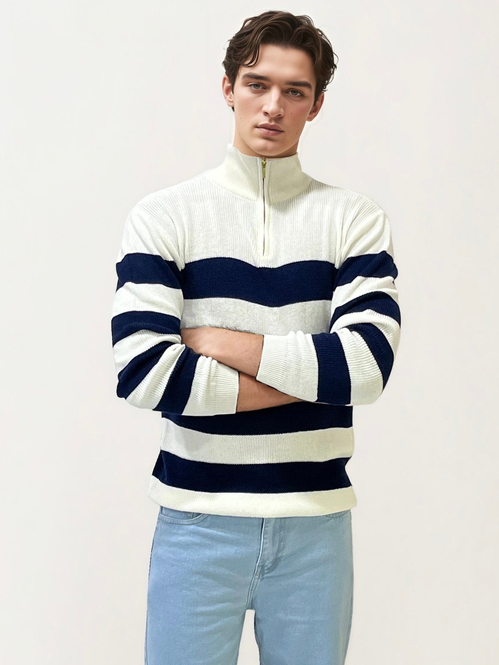 White-Blue Turtle Neck Fullhand Zipper T-Shirt