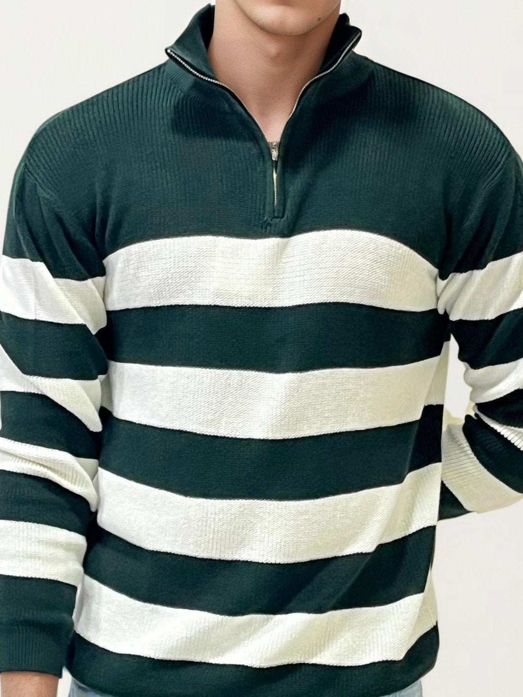 Green-White Turtle Neck Fullhand Zipper T-Shirt