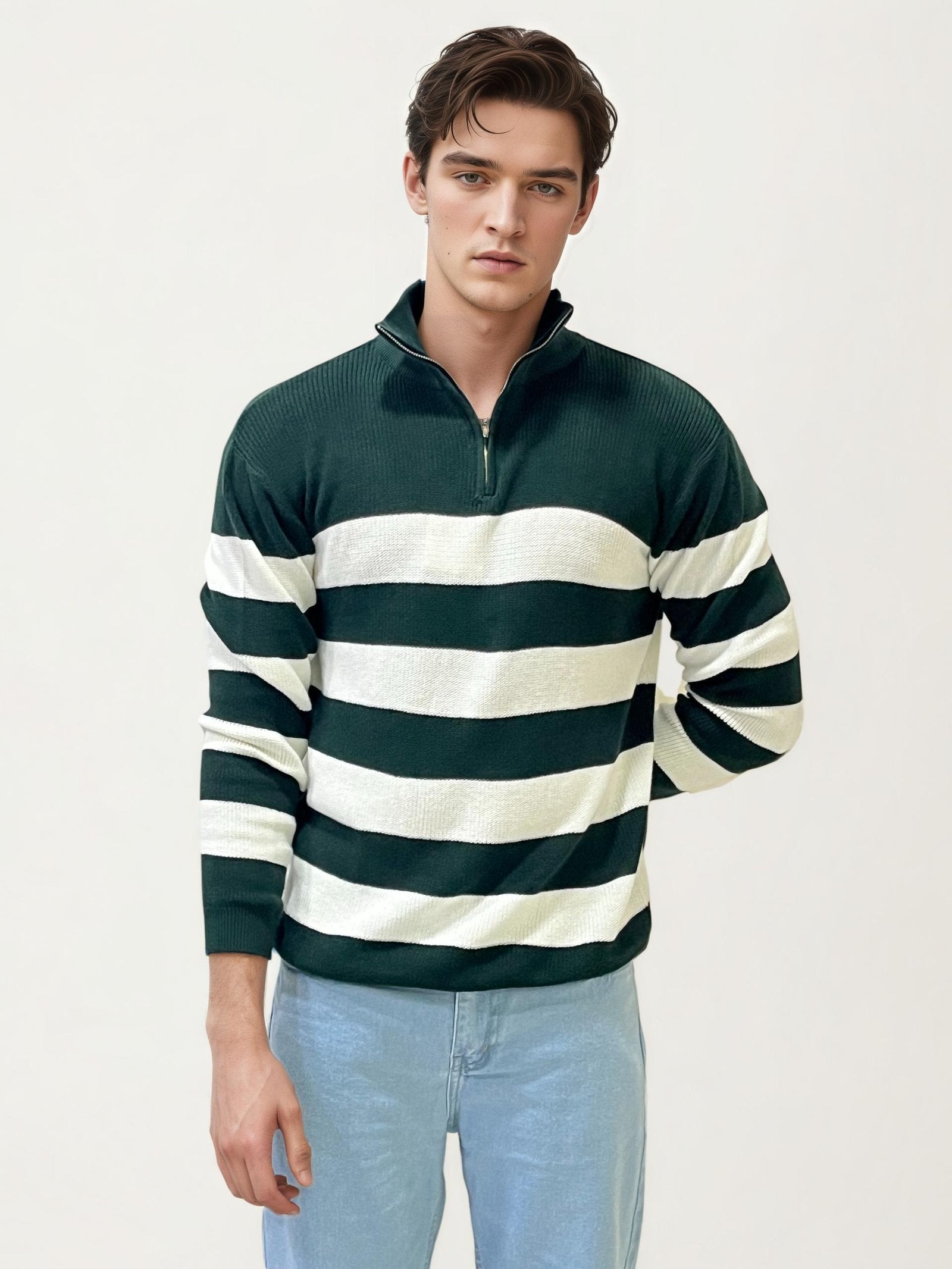 Green-White Turtle Neck Fullhand Zipper T-Shirt