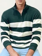 Green-White Turtle Neck Fullhand Zipper T-Shirt