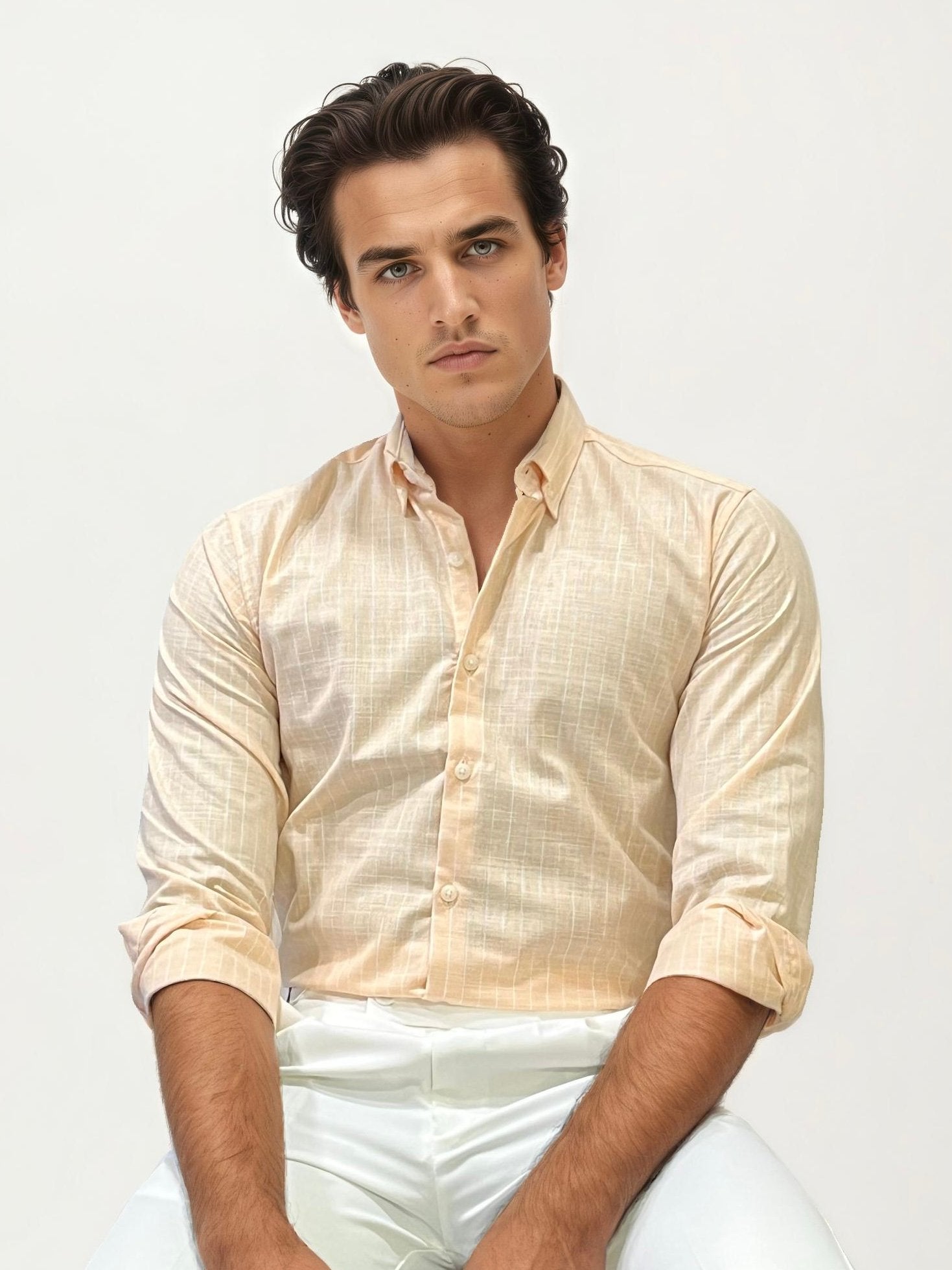 Light Orange Linen Striped Fullhand Shirt