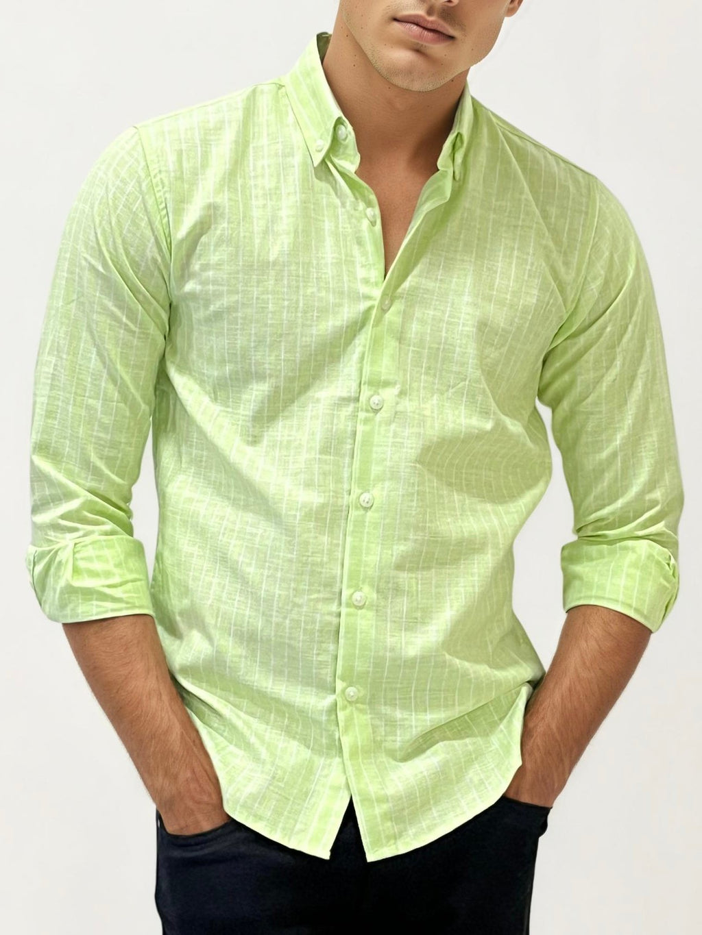 Sea Green Linen Striped Fullhand Shirt