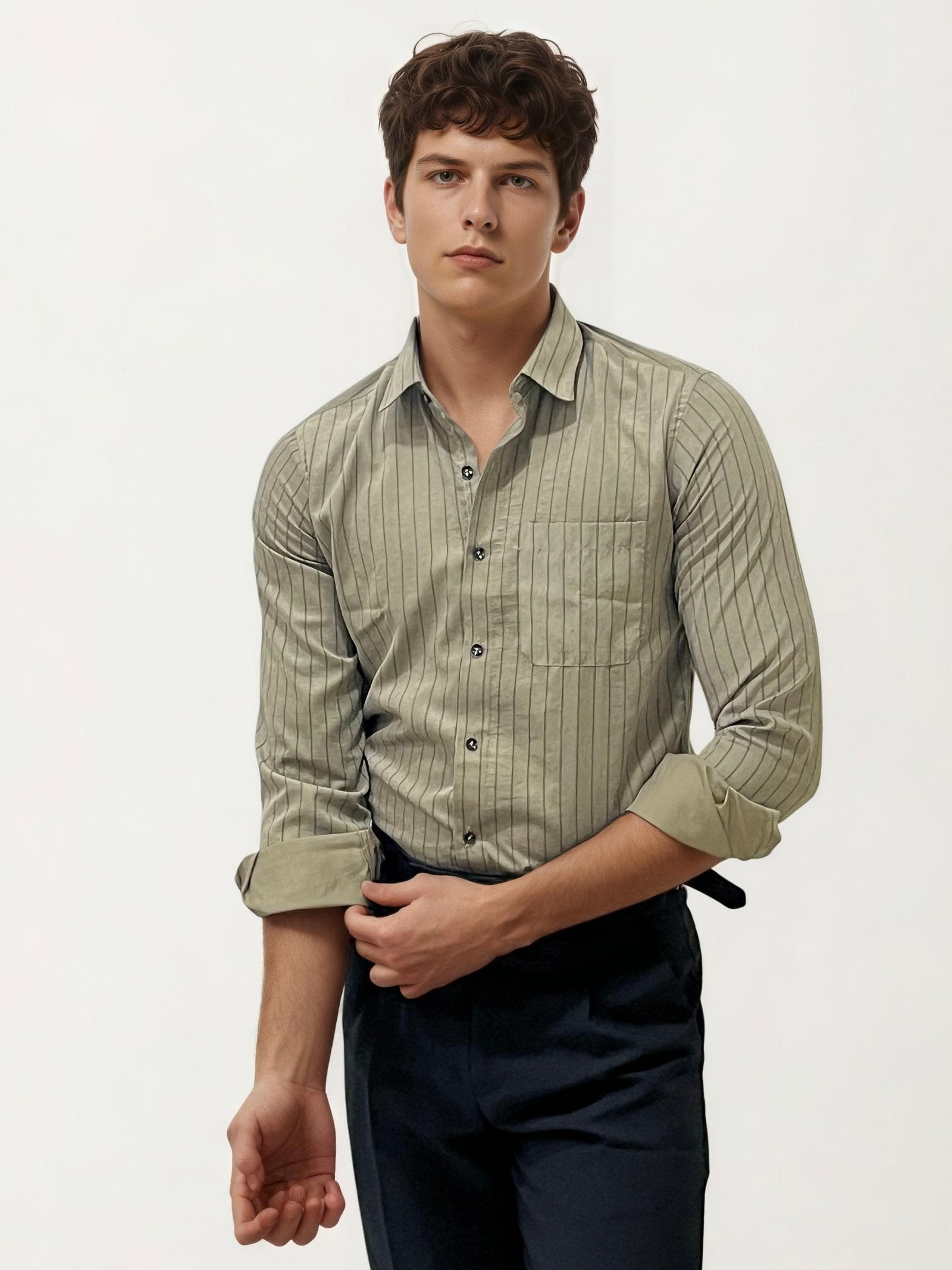 Olive Green Striped Fullhand Shirt