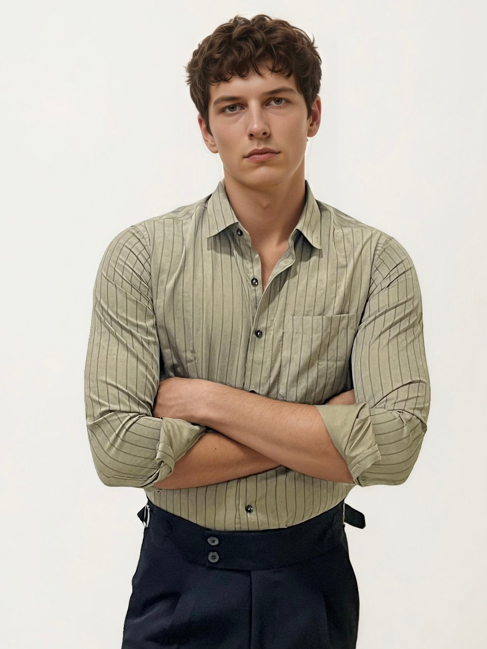 Olive Green Striped Fullhand Shirt