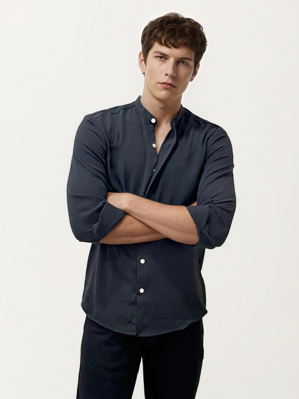 Black Mandarin Collar Fullhand Shirt