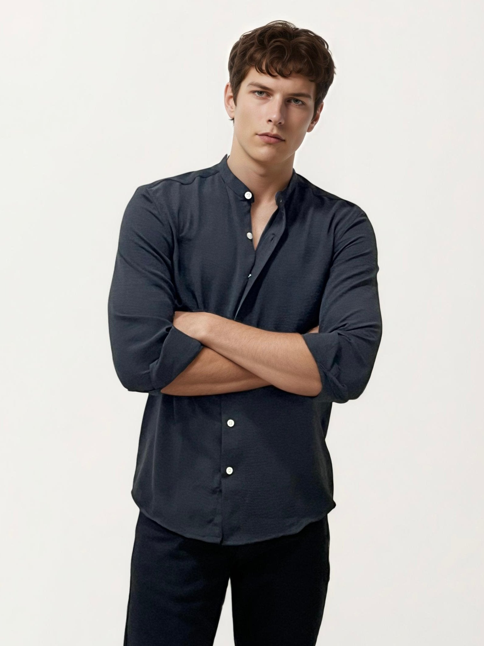 Black Mandarin Collar Fullhand Shirt