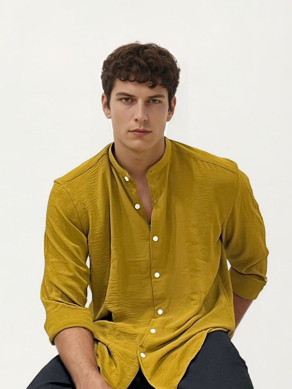 Golden Yellow Mandarin Collar Fullhand Shirt