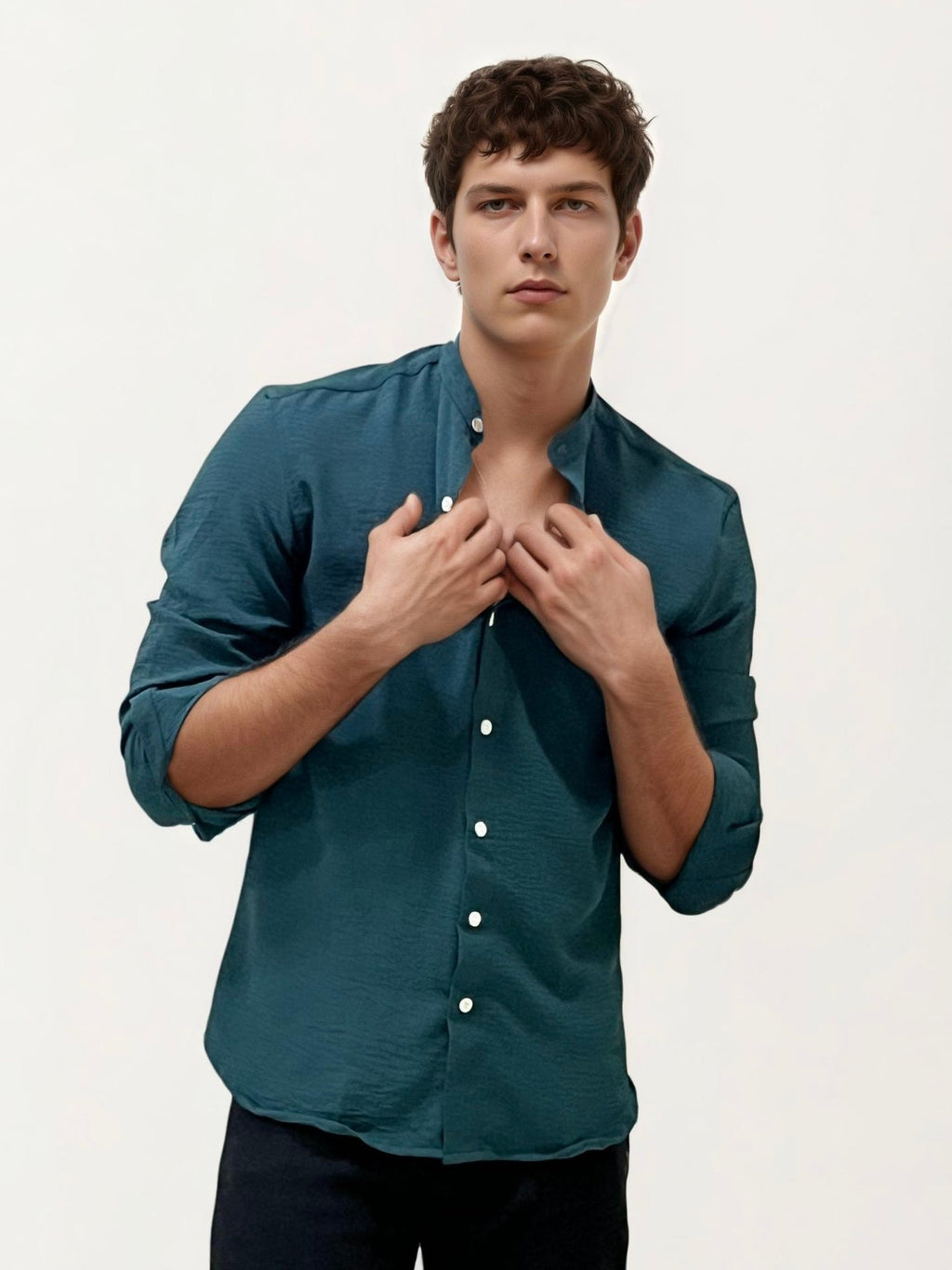 Dark Green Mandarin Collar Fullhand Shirt
