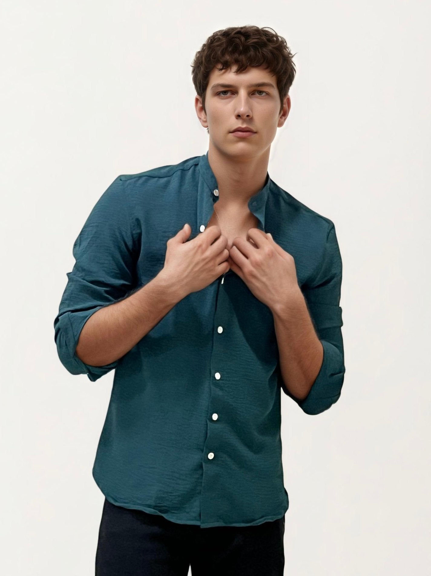 Dark Green Mandarin Collar Fullhand Shirt