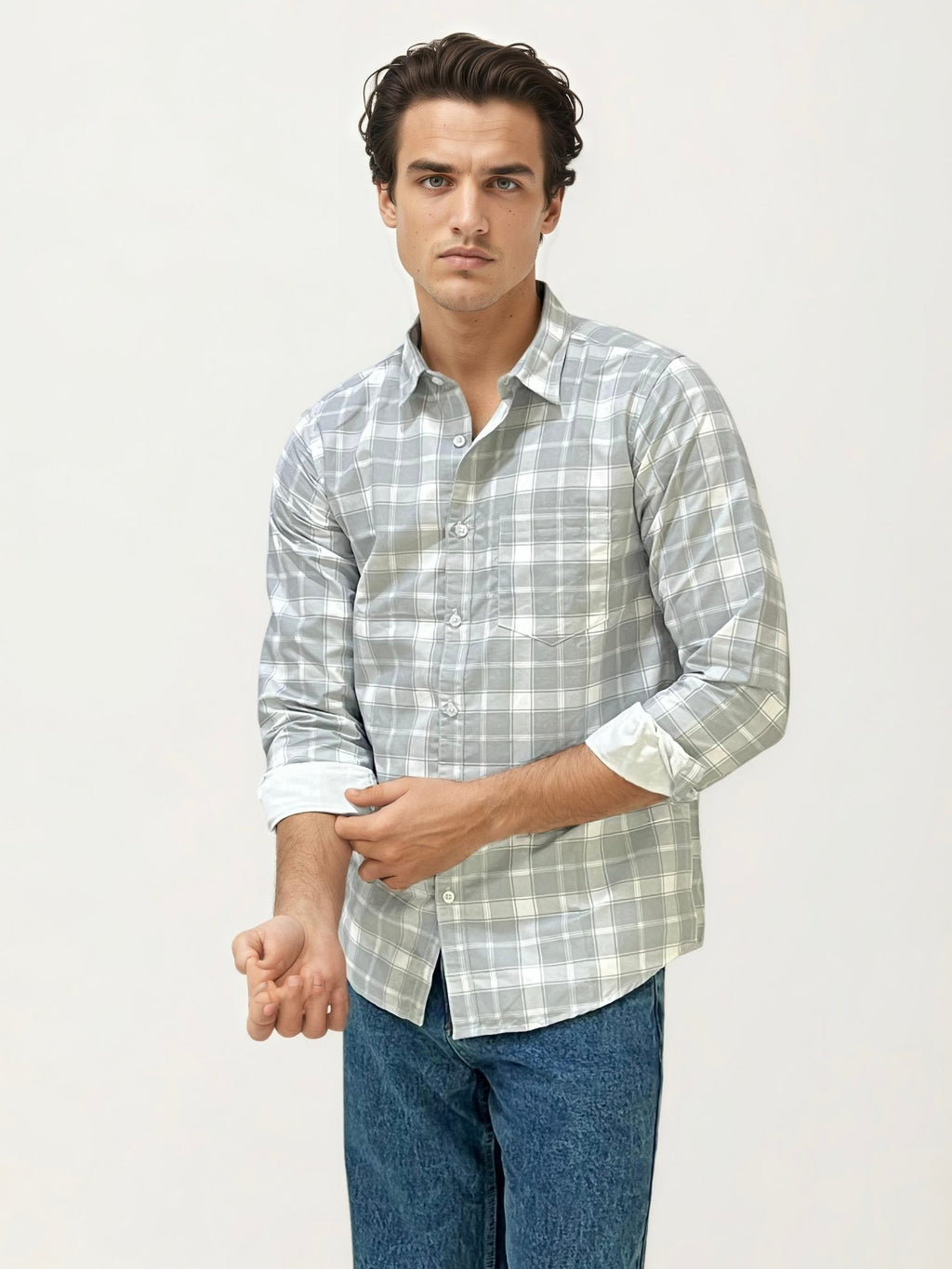 Grey-White Checked Fullhand Shirt
