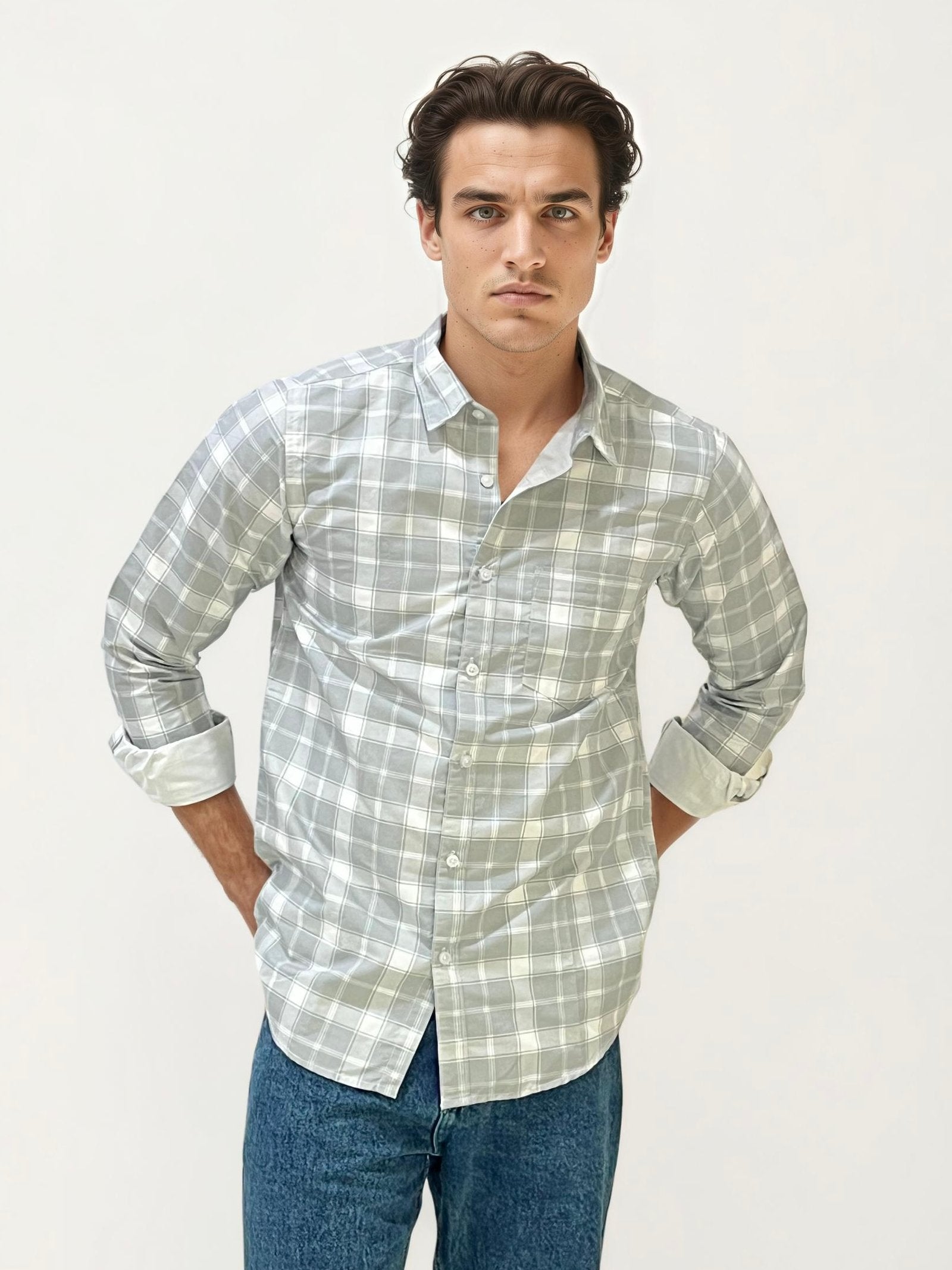 Grey-White Checked Fullhand Shirt