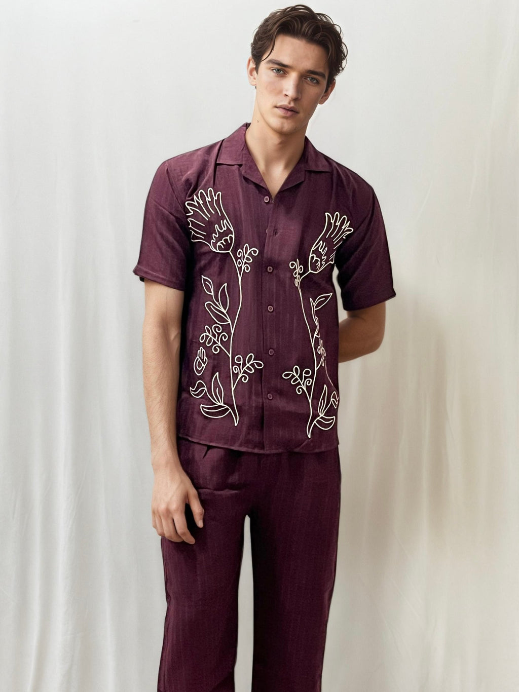 Wine Embroidery Co-ord Set