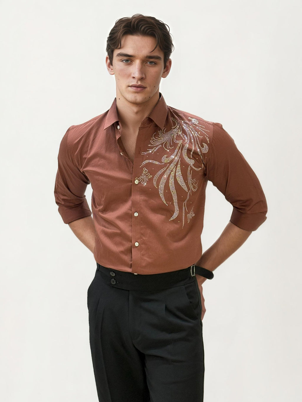 Rust Orange Stone Work Party Wear Shirt