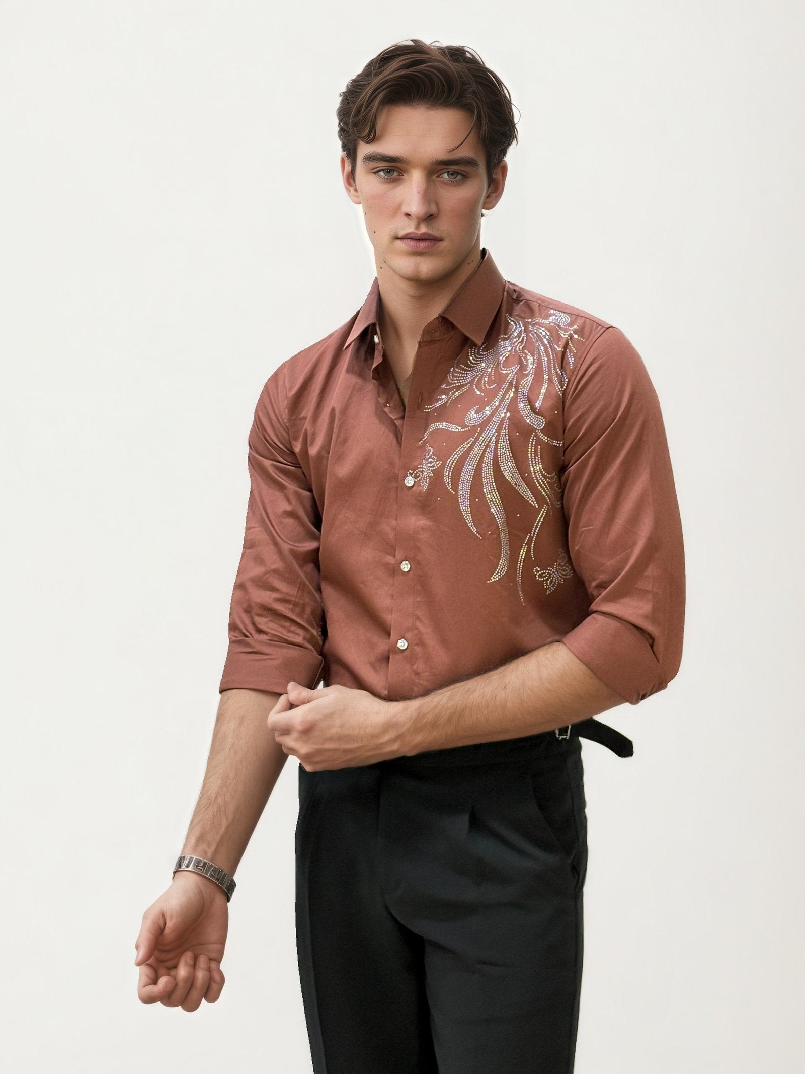 Rust Orange Stone Work Party Wear Shirt