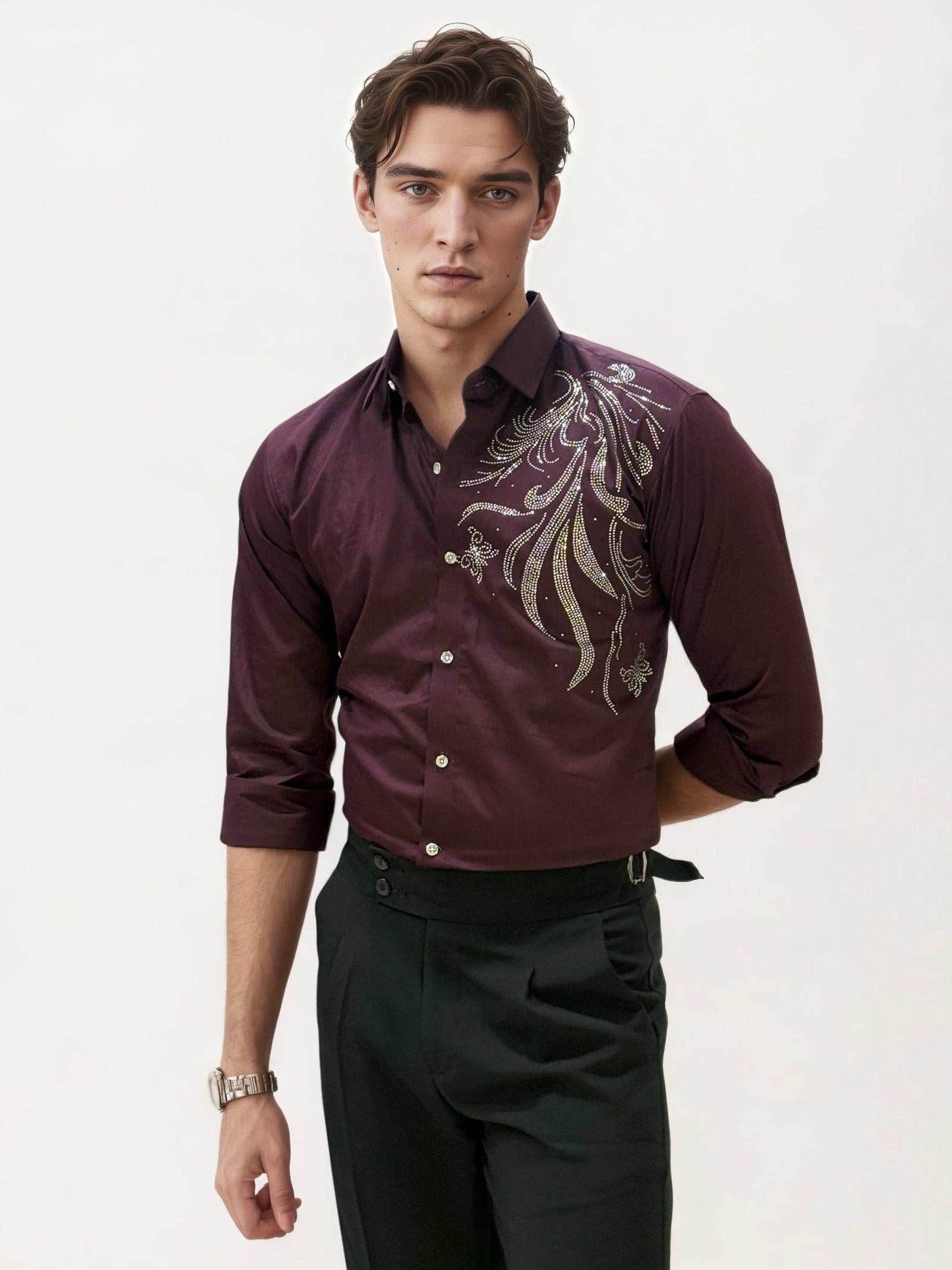 Wine Stone Work Party Wear Shirt