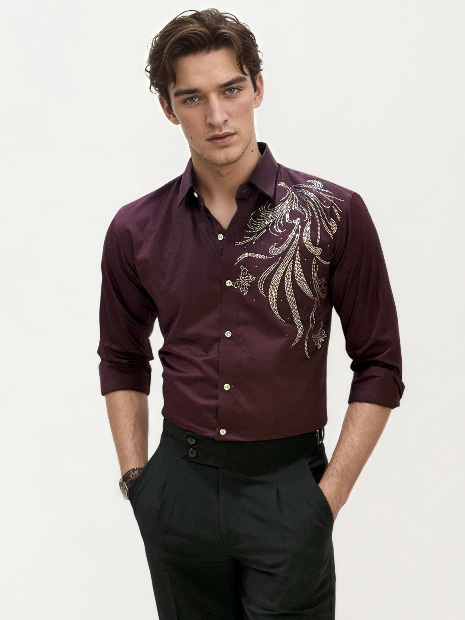 Wine Stone Work Party Wear Shirt